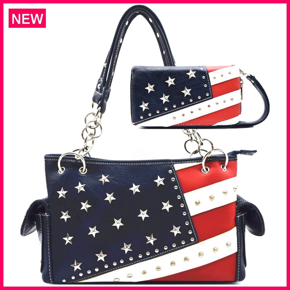 Vegan Leather Shoulder Bag With Wallet Set, Patriotic Design, Multiple Pockets